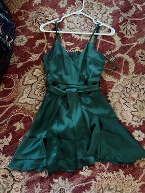 Hello Molly Emerald Green Satin Wrap Mini Dress